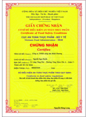 Chứng nhận Nông Sản Minh Phương đủ điều kiện an toàn thực phẩm