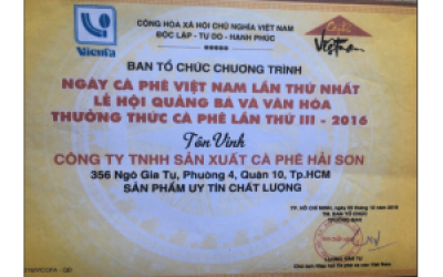 CÔNG TY HẢI SƠN VINH DỰ ĐƯỢC HIỆP HỘI CÀ PHÊ - CACAO VIỆT NAM , TÔN VINH SẢN PHẨM ĐẠT UY TÍNH CHẤT L